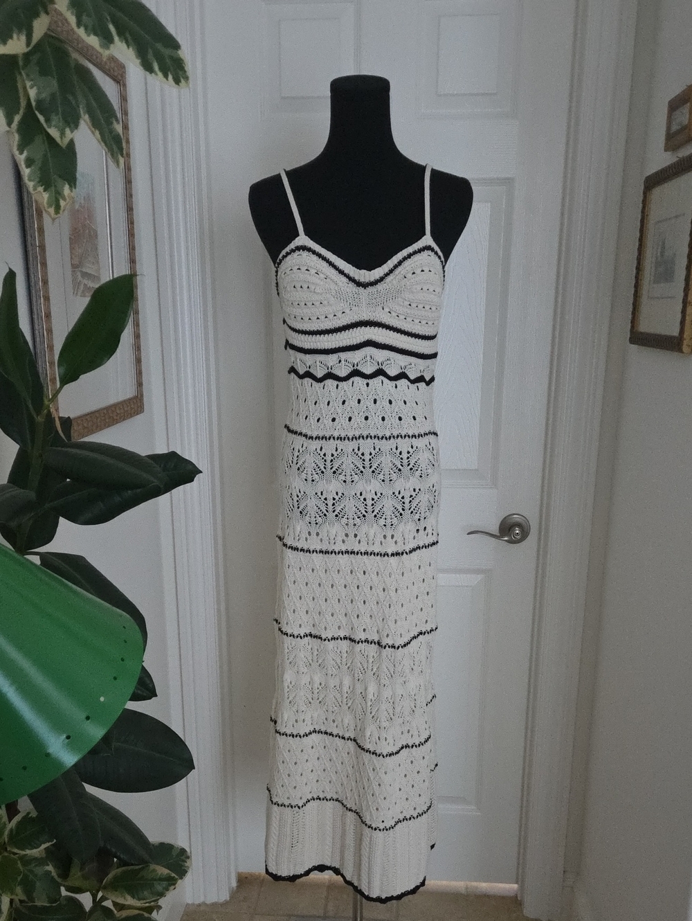 Zara Off White Crochet Maxi Dress with Black Trim. Size S.